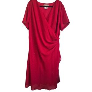 Sheri Martin New York Woman Red Glitter Dot Faux Wrap Midi Dress 22W Plus Size